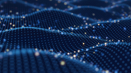 Data technology abstract futuristic illustration. Low poly shape with connecting dots and lines on dark background. 3D rendering. Big data visualization.の素材