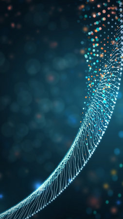 A vertical swirling wave of glowing dots on a dark blue background with bokeh lights.の素材
