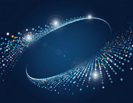 Swirling blue and teal digital particles form a dynamic, abstract shape on a dark background.の素材