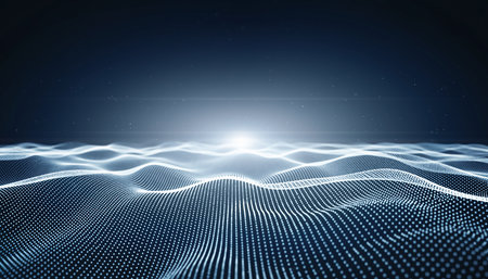 White digital waveform landscape with a bright light source on the horizon. Clear details and vibrant colors ...の素材