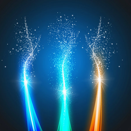 Three streams of colorful light particles erupting upwards with sparkles. Clear details and vibrant colors en...の素材
