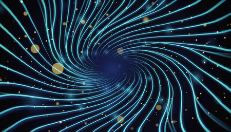 Swirling vortex of blue lines with scattered golden particles against a dark background.の素材