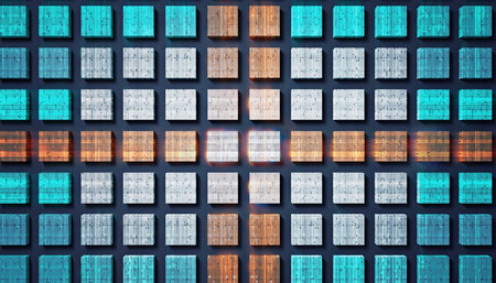 Grid of glowing cubes with blue, white, and orange light patterns on a dark background.の素材