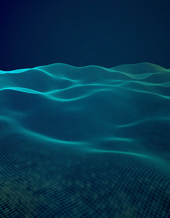 Teal wireframe grid landscape with subtle waveform patterns and a dark background.の素材