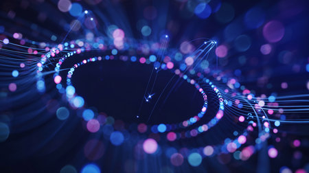 3d rendering of abstract technology fiber optic background with glowing particles. High tech background.の素材