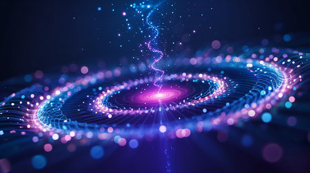 3d illustration of technology abstract background with glowing particles in dark spaceの素材