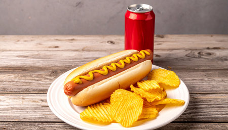 Hot dog with mustard and chips on wooden background. Fast food.の素材
