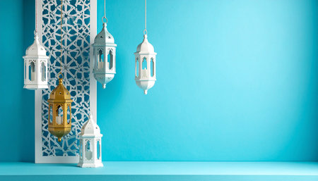 Arabic lanterns on blue wall background. Ramadan Kareem concept. 3D Renderingの素材