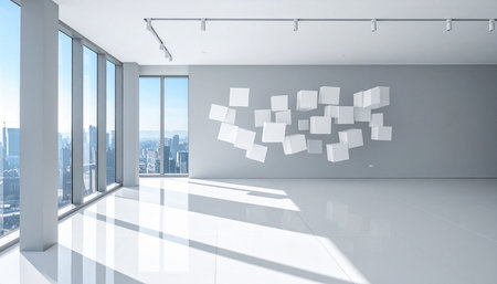 White cubes flying in empty room with city view. 3D renderingの素材