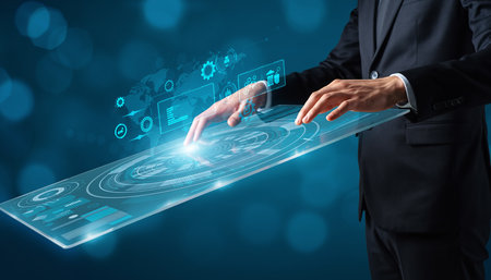 Businessman interacting with a futuristic holographic interface displaying data and charts.の素材