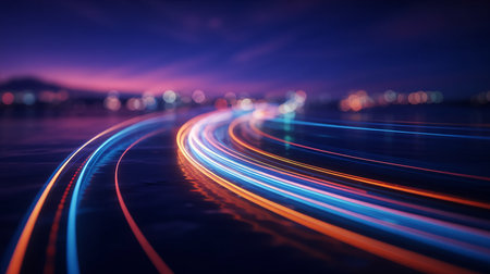 light trails on the road at night. Long exposure photo taken in a tunnel.の素材