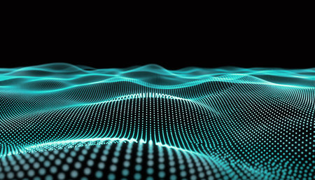 A glowing turquoise digital wave pattern composed of light dots on a dark background.の素材