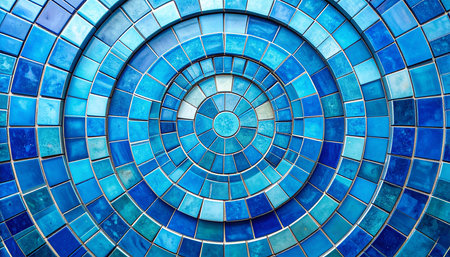 abstract background of a blue glass mosaic with a circular pattern.の素材
