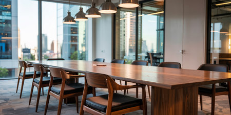 Wooden table and chairs in modern meeting room with city view.の素材