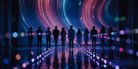 Silhouette of a group of young people standing in a corridor with neon lights.の素材