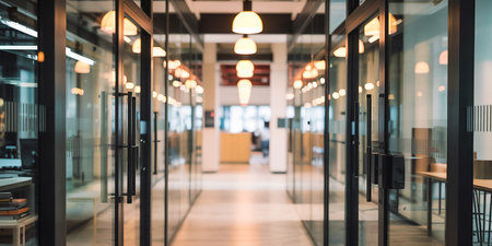 Blurred image of a corridor in a modern office building. Shallow depth of field.の素材