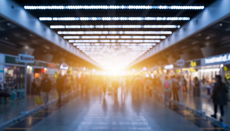 Blurred image of people walking in the airport terminal with bokeh background.の素材