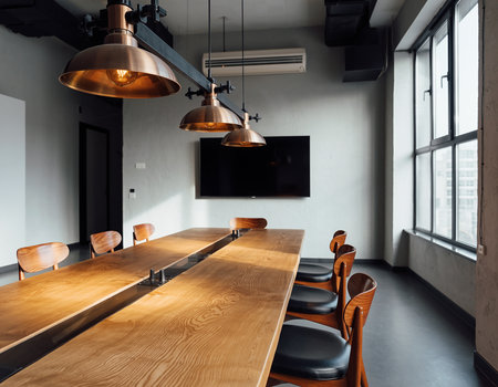 interior of modern meeting room with wooden table and chairs, nobodyの素材