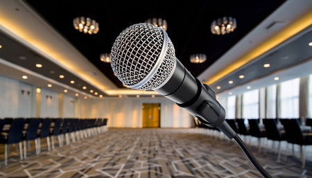Microphone in a conference hall or seminar room. 3d renderingの素材