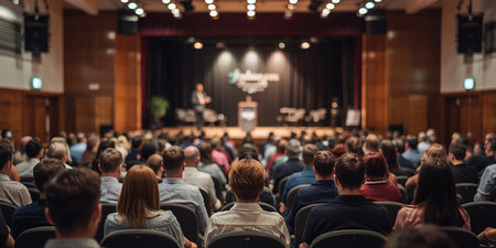 Business and entrepreneurship symposium. Speaker giving a talk at business meeting. Audience in conference hall. Rear view of unrecognized participant in audience.の素材