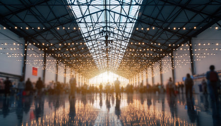 Airport terminal interior with people walking, blurred background. Travel concept.の素材