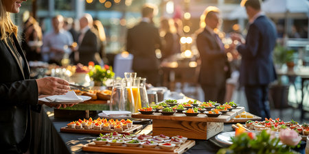 Catering service. Female waiter serving a variety of canapes on the table in a restaurantの素材