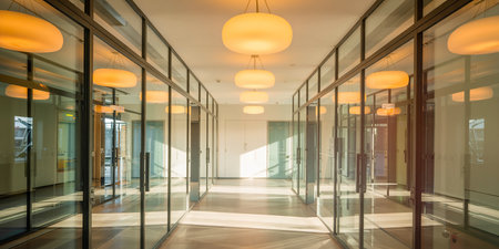 Interior of a modern hospital corridor with glass walls. Nobody insideの素材