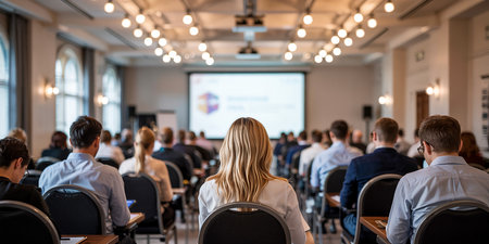 Business and entrepreneurship symposium. Speaker giving a talk at business meeting. Audience in conference hall. Rear view of unrecognized participant in audience.の素材