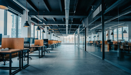 Interior of modern office building with rows of tables and chairs.の素材