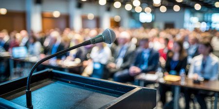 Speaker giving a talk at business conference. Audience in the conference hall. Business and Entrepreneurship event.の素材