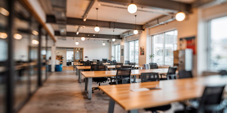 Modern office interior with tables and chairs, shallow depth of field.の素材