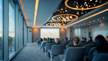 Conference hall interior with empty seats and blurred people on background. 3d renderingの素材