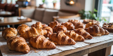 Freshly baked croissants on a table in a bakery.の素材