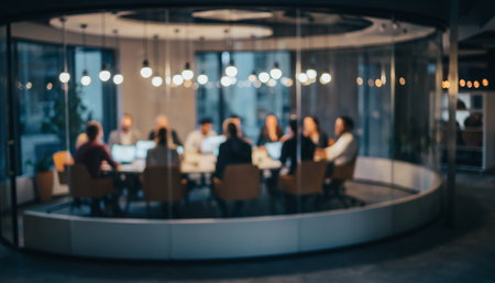 Blurred background of business people meeting in the lobby of a modern office buildingの素材