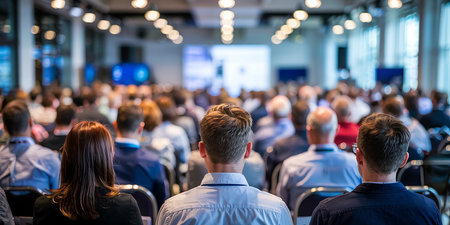 Business and entrepreneurship symposium. Speaker giving a talk at business meeting. Audience in conference hall. Rear view of unrecognized participant in audience.の素材