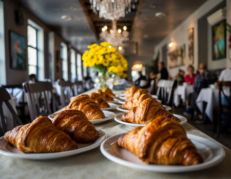 Croissants on a table in a restaurant. Selective focus.の素材