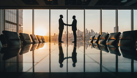 Silhouette of business people shaking hands in an office building.の素材