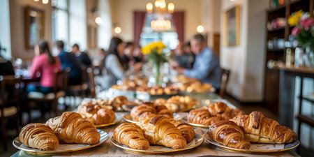 Group of croissants on the table in a cafe, stock photoの素材