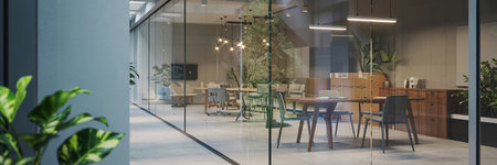 Modern office interior with glass walls, panoramic windows and plants.の素材