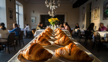 Croissants on a table in a restaurant, selective focus.の素材