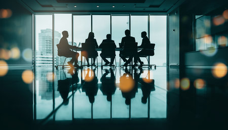 Silhouette of a group of business people sitting in an office.の素材