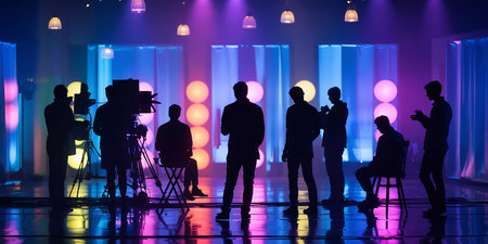 Silhouettes of a group of photographers and videographers on the stageの素材