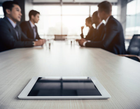 Tablet computer on wooden table with business people in background, selective focusの素材