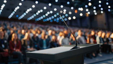 Speaker Giving a Talk at Business Conference and Presentation. Audience in the conference hall. Business and Entrepreneurship.の素材