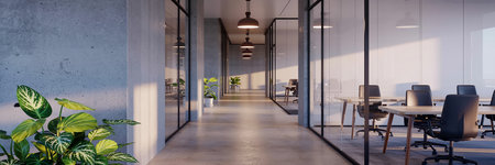 Luxury office interior with panoramic windows and concrete floor. 3d renderingの素材