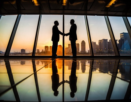 Silhouette of Businessman and Businesswoman Handshake in Officeの素材