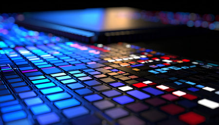 Computer keyboard with blue and red lights on a black background. 3d renderingの素材