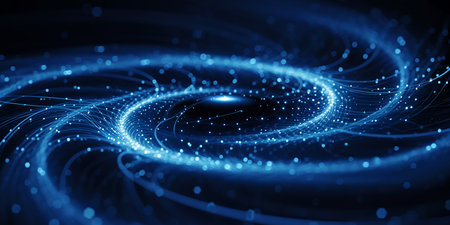 abstract blue background with glowing particles, 3d render digital illustrationの素材