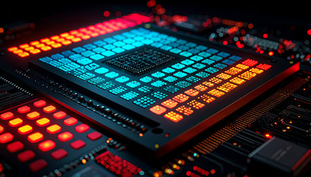 Electronic circuit board close-up. 3d rendering. Computer background.の素材