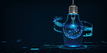 Abstract glowing light bulb in the form of a circuit board on a dark blue background. Vector illustrationの素材